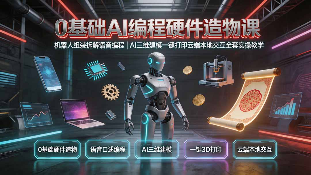 0基础AI编程硬件造物课｜机器人组装拆解语音编程，AI三维建模一键打印云端本地交互全套实操教学-小火把网创