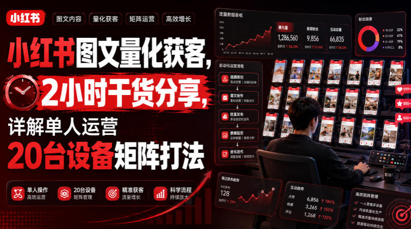 小红书图文量化获客，2小时干货分享，详解单人运营20台设备矩阵打法-小火把网创