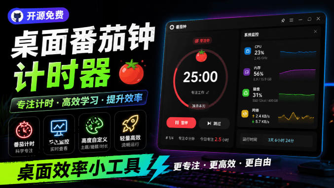 仅1.16MB，开源极简的桌面时钟、番茄钟计时器，还支持系统监控显示，桌面效率小工具Catime-小火把网创