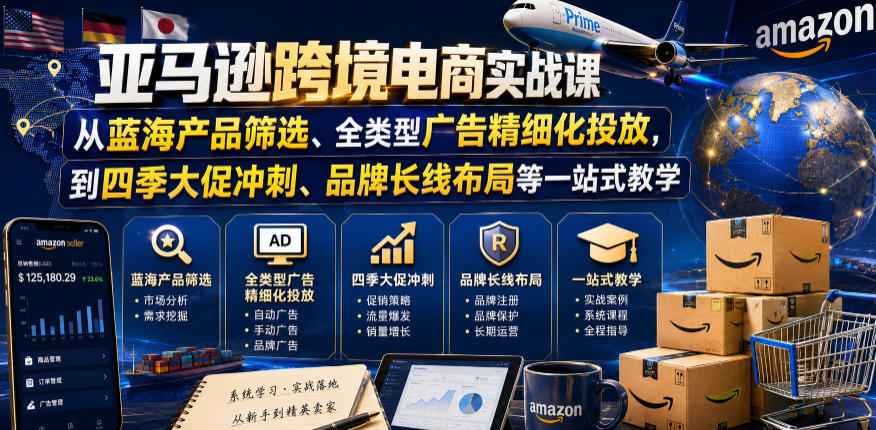 亚马逊跨境电商实战课，从蓝海产品筛选、全类型广告精细化投放，到四季大促冲刺、品牌长线布局等一站式教学(更新7月)-小火把网创
