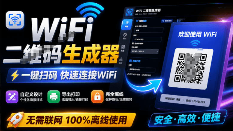 完全离线使用！WiFi二维码生成器，一键扫码快速连接WiFi，支持自定义风格导出WiFi二维码生成器-小火把网创