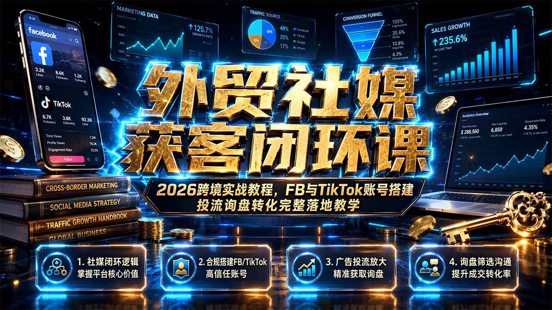 外贸社媒获客闭环课｜2026跨境实战教程，FB与TikTok账号搭建投流询盘转化完整落地教学-小火把网创