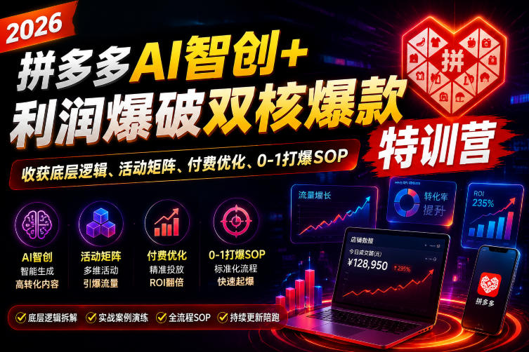 2026拼多多AI智创+利润爆破双核爆款特训营，收获底层逻辑、活动矩阵、付费优化、0-1打爆SOP(更新0727)-小火把网创