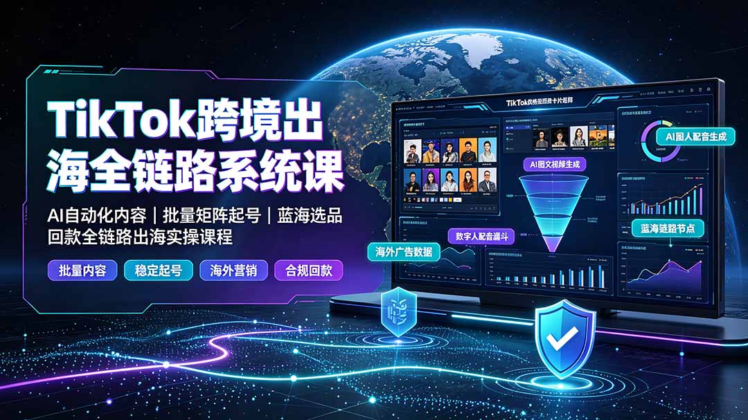 TikTok跨境出海全链路系统课-2026年7月:AI自动化内容|批量矩阵起号|蓝海选品回款全链路出海实操课程-小火把网创