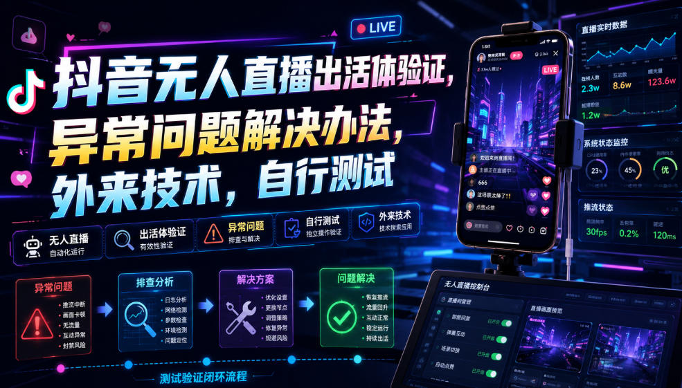 抖音无人直播出活体验证,异常问题解决办法,外来技术,自行测试-小火把网创