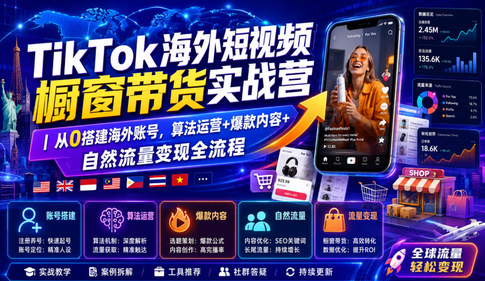 TikTok海外短视频橱窗带货实战营|从0搭建海外账号,算法运营+爆款内容+自然流量变现全流程-小火把网创