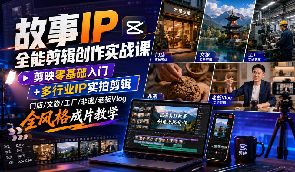 故事IP全能剪辑创作实战课｜剪映零基础入门+多行业IP实拍剪辑，门店/文旅/工厂/非遗/老板Vlog全风格成片教学-小火把网创