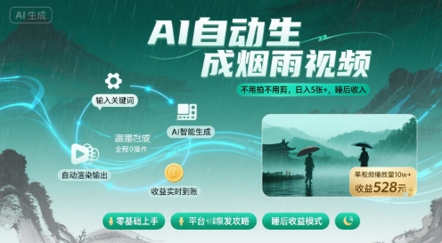 不用拍不用剪！AI自动生成烟雨视频，日入5张+，睡后收入-小火把网创
