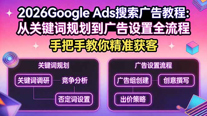 2026Google Ads搜索广告教程:从关键词规划到广告设置全流程,手把手教你精准获客-小火把网创