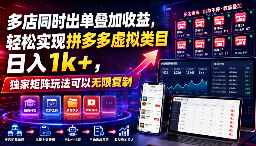多店同时出单叠加收益，轻松实现拼多多虚拟类目日入1k+，独家矩阵玩法可以无限复制【揭秘】-小火把网创