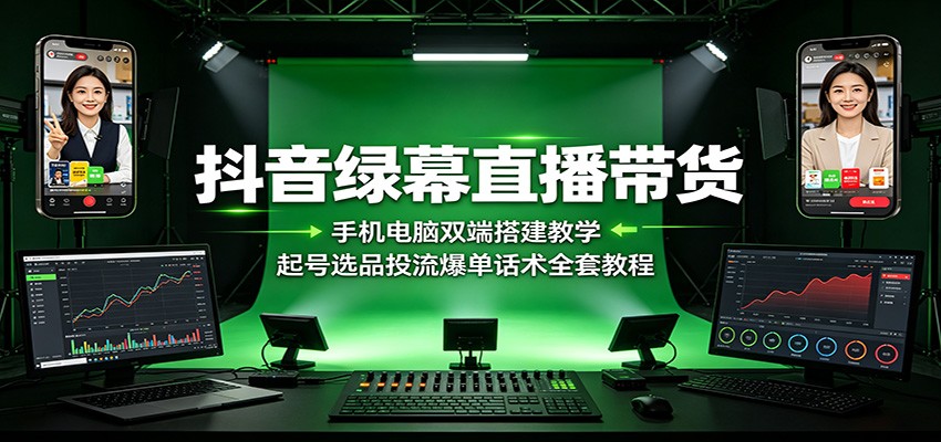 抖音绿幕直播带货:手机电脑双端搭建教学,起号选品投流爆单话术全套教程-小火把网创