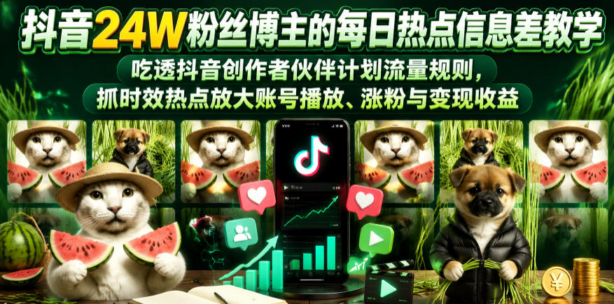 抖音24W粉丝博主的每日热点信息差教学,吃透创作者伙伴计划流量规则,抓时效热点放大账号播放、涨粉与变现收益(更新)-小火把网创