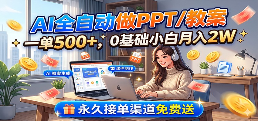 AI全自动做PPT/教案,一单500+,0基础小白月入2W,永久接单渠道免费送-小火把网创