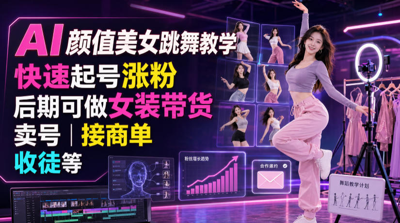 AI颜值美女跳舞教学，快速起号涨粉，后期可做女装带货，卖号，接商单，收徒等-小火把网创