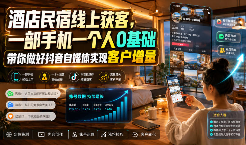 酒店民宿线上获客,一部手机一个人0基础带你做好抖音自媒体实现客户增量-小火把网创