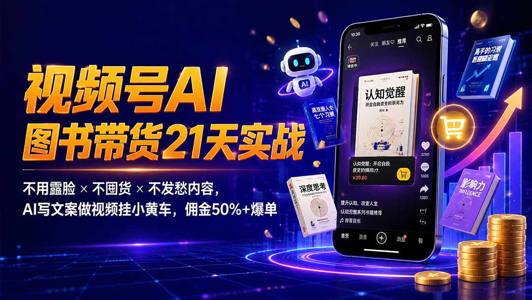 繁花视频号AI图书带货21天实战：不用露脸×不囤货×不发愁内容，AI写文案做视频挂小黄车，佣金50%+爆单-小火把网创
