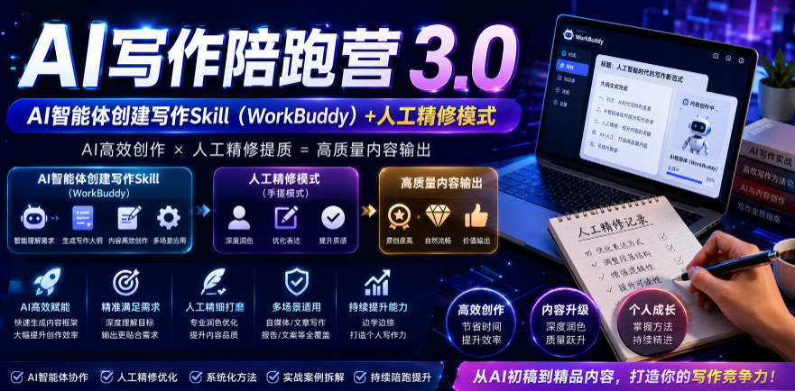 AI写作陪跑营3.0,Ai智能体创建写作skill(workbuddy)+人工手写模式(手搓模式),去除AI痕迹(头条号、公众号、百家号)(更新0730)-小火把网创