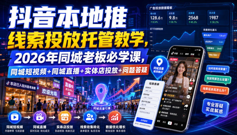 抖音本地推线索投放托管教学,2026年同城老板必学课,同城短视频+同城直播+实体店投放+问题答疑-小火把网创