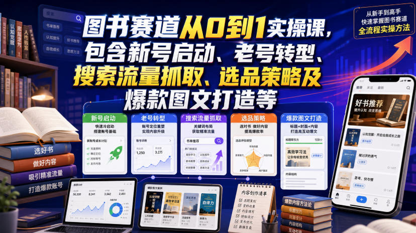 图书赛道从0到1实操课,包含新号启动、老号转型、搜索流量抓取、选品策略及爆款图文打造等-小火把网创